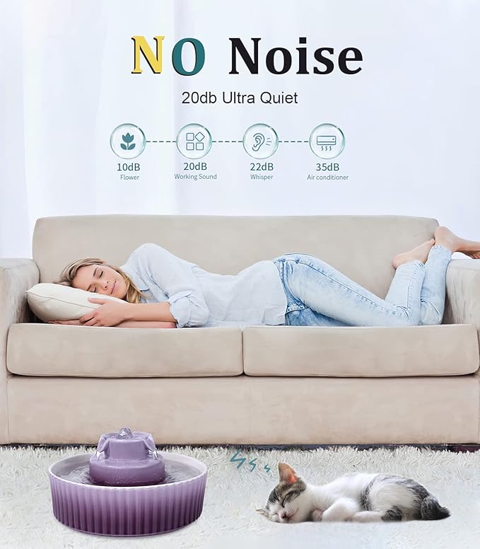 Ceramic Cat Water Fountain, Pet Ceramic Water Fountain, 2.1 L Drinking Fountains Bowl for Cats and Dogs with Replacement Filters and Foam(Purple)