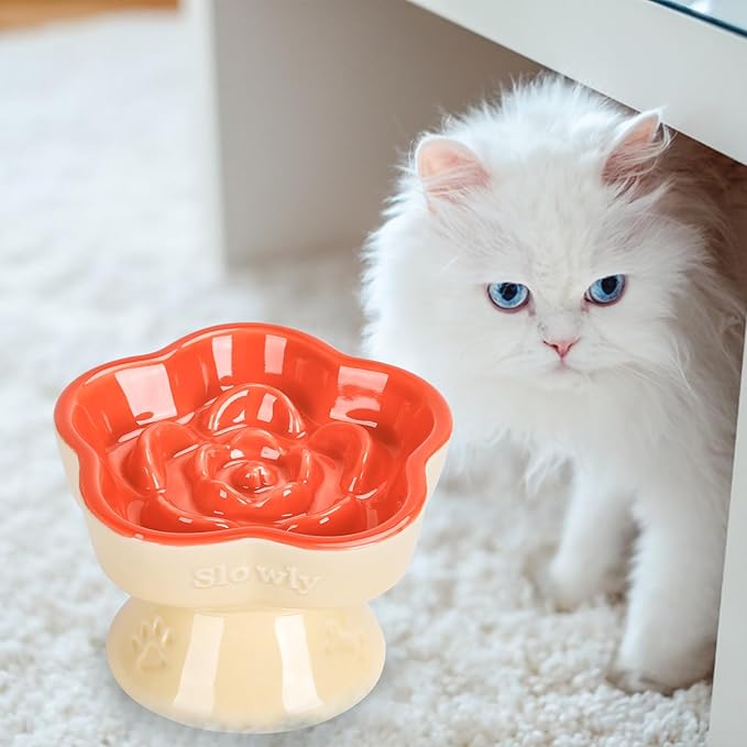 S&Q's CERAMICS Raised Slow Feeder Cat Bowl, Ceramic Glass Elevated Pet Food Bowl Small Dogs Slow Feeder, Flower Shaped Cute Dish for Dry and Wet Food (Orange, 5.8")
