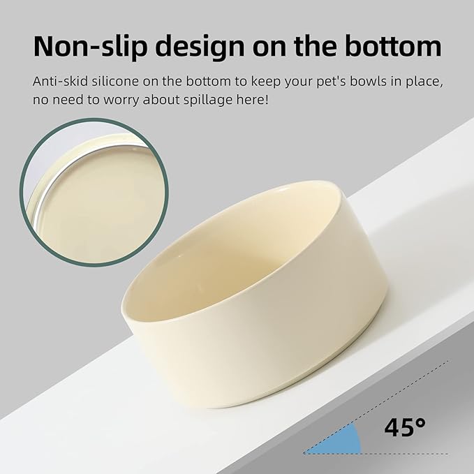 Ceramic 7.3inch Raised Dog Bowl Set, Elevated with Wooden Stand, Food and Water Bowl for Medium Breed Dogs, Weighted Dog Dishes, Pet Feeder(Beige)