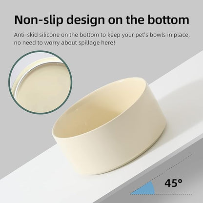 Ceramic 7.3inch Raised Dog Bowl Set, Elevated with Wooden Stand, Food and Water Bowl for Medium Breed Dogs, Weighted Dog Dishes, Pet Feeder(Beige)