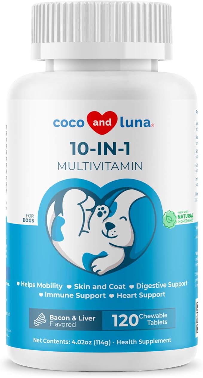 Multivitamin for Dogs - 120 Chewable Tablets with Glucosamine and Chondroitin - Fish Oil & Vitamins with Coq10 for Skin & Heart Health, Gut & Immune Support