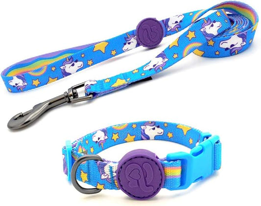azuza Dog Collar and Leash Set, Adjustable Dog Collar with Matching Leash for Medium Dog, Blue Rainbow Unicorn Dog Collar Leash Combo Set
