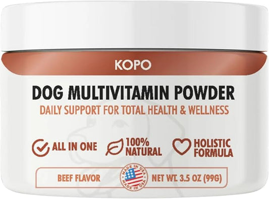 Kopo Dog Multivitamin Powder - All in One Organic Natural Vitamins for Dogs All Breed Sizes - Wellness, Heart, Skin & Coat, Gut Health, Digestion, Immune System, and Hip & Joint Supplement for Dogs