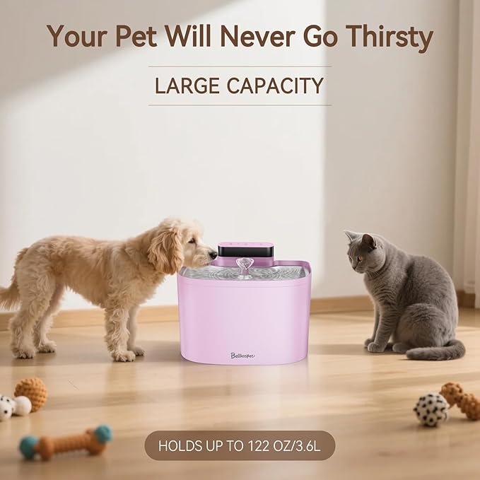 Cat Water Fountain, 122oz/3.6L Pumpless Wireless Cat Fountain, Cordless Water Fountains for Cats Indoor, Dog Pet Water Fountain Battery Operated with Stainless Steel Tray (Pink, Fountain+2 Fliters)