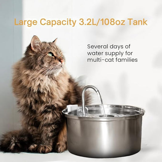 Stainless Steel Cat Water Fountain Automatic Drinking Fountain, Quiet Circulating Water Bowl, Dishwasher Safe, Indoor Pet Fountain for Hydrated Healthy Cats (Stainless Steel, 3.2L Corded)