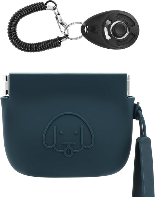 WALLFID Silicone Dog Treat Pouch, Auto Closure, with Pet Training Clicker, Walking Bag for Dog and Cat, Pocket Size, Easy to Clean, Odorless, Travel Walking Bag (Dark Green)