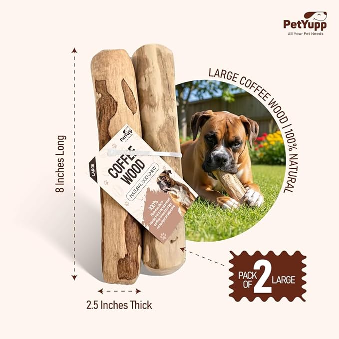 Natural Coffee Wood Dog Chew Large, 2 Count - Promotes Dental Health, Reduces Tartar & Chewing Exercise for Aggressive Chewers, Small, Medium & Large Dogs - Safe Chew Toy for Puppy