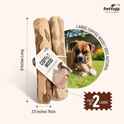 Natural Coffee Wood Dog Chew Large, 2 Count - Promotes Dental Health, Reduces Tartar & Chewing Exercise for Aggressive Chewers, Small, Medium & Large Dogs - Safe Chew Toy for Puppy