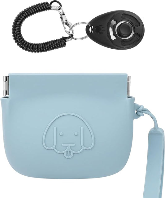 WALLFID Silicone Dog Treat Pouch Small Bag,Auto Closure,with Pet Training Clicker,Walking Bag for Dog and Cat,Pocket Size,Easy to Clean,Odorless (sky blue)