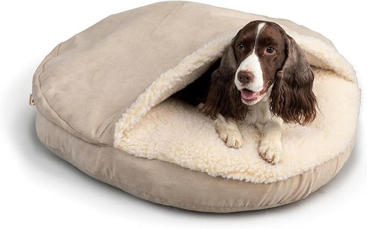 Snoozer Cozy Cave Dog Bed - Indoor Dog Bed with Cover Cave, Covered Calming Burrow for Medium & Large Sized Pets with Blanket Attached, Enclosed, Removable Washable Cover - XL, Buckskin