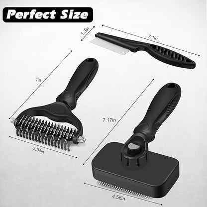 3PCS Self Cleaning Slicker Brush & Pet Grooming Rake & Flea Comb for Dogs,Cats and Horses | Double-Sided Dematting Comb & Skin Friendly Deshedding Grooming Tool | Premium Pet Supplies (Black)