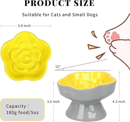 S&Q's CERAMICS Raised Slow Feeder Cat Bowl, Ceramic Elevated Food Bowl Small Dogs Slow Feeder, Flower Shaped Cute Pet Dish for Dry and Wet Food (Yellow, 5.8")