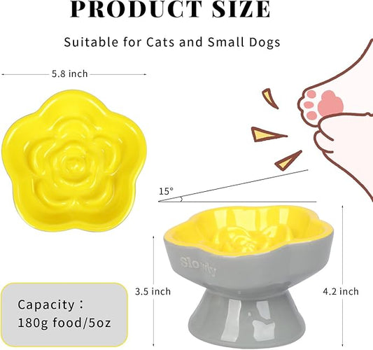 S&Q's CERAMICS Raised Slow Feeder Cat Bowl, Ceramic Elevated Food Bowl Small Dogs Slow Feeder, Flower Shaped Cute Pet Dish for Dry and Wet Food (Yellow, 5.8")