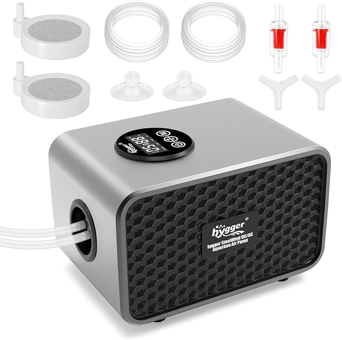 hygger Aquarium Air Pump, USB Rechargeable Battery Powered Fish Tank Air Pump 6W/10W with LCD Display Dual Outlets, Adjustable Aerator for Fish Oxygen Pump for 5-200 Gallon Tank