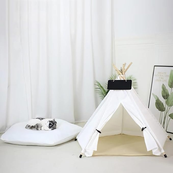 Dog Cat Teepee Tent Bed,Portable Pet Teepee for Small Animals Removable & Washable,Indoor Dog House with Cozy Cushion,Cat Teepee for Indoor Cats,Bunny Tent Outdoor (White, M)