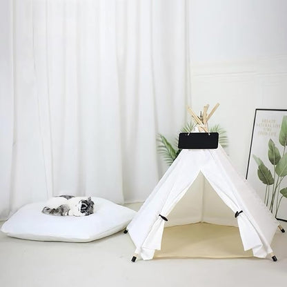 Dog Cat Teepee Tent Bed,Portable Pet Teepee for Small Animals Removable & Washable,Indoor Dog House with Cozy Cushion,Cat Teepee for Indoor Cats,Bunny Tent Outdoor (White, M)