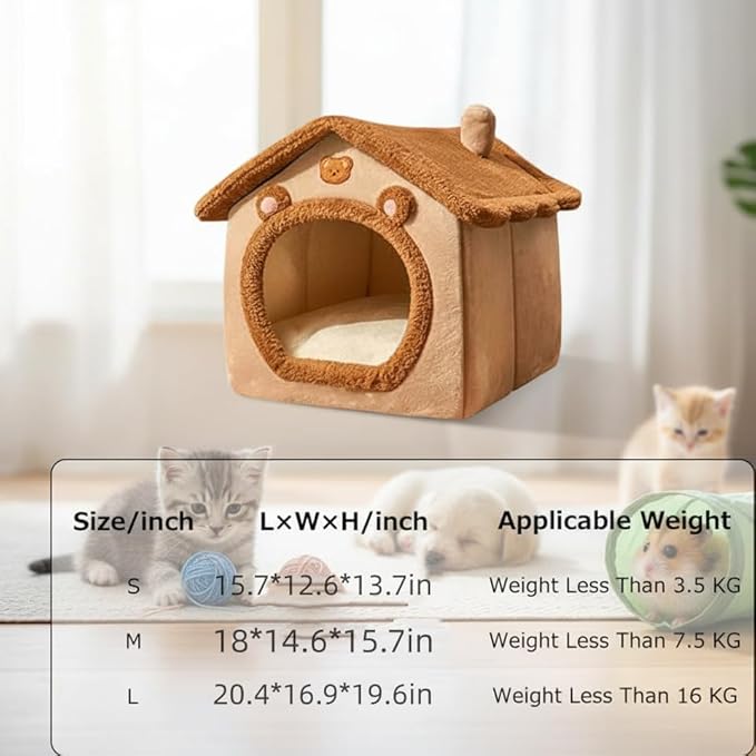 Cat Bed Cave, Cute Bear Shape Cat Beds for Indoor Cats, Cat House Cat Tent with Removable Cushion Pillow, Cat Condo Cat Cave for Kittens Puppy Small Dogs (Brown, 17.7 * 15.7 * 17.7 in)