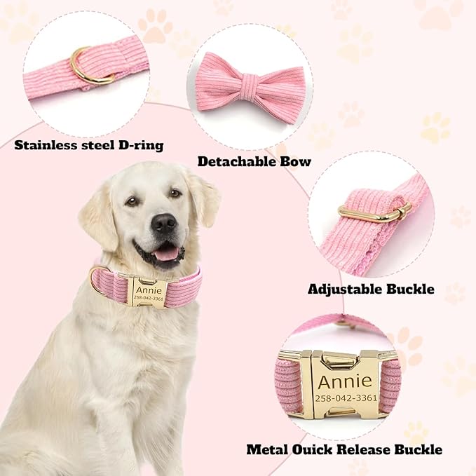 Custom Personalized Dog Collars with Pet Name/Phone Number Engraved Gold Metal Buckle - Adjustable Sizes Soft Stripe Velvet Collar for Small Medium Large Dogs - Dog Leash and Bow Tie Available