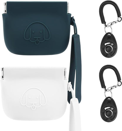 WALLFID Silicone Dog Treat Pouch Small Bag,Auto Closure,with Pet Training Clicker,Walking Bag for Dog and Cat,Pocket Size,Easy to Clean,Odorless (Green and White)