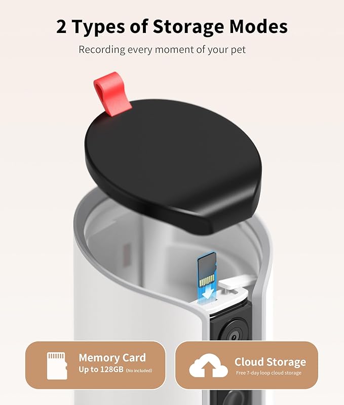 2K Cat Camera Treat Dispenser, AI Photo Album, Pet Camera with 360° Auto Tracking & 5G/2.4G WiFi, 2-Way Talk, Remote Treat Tossing, Motion Alerts for Dogs Indoor, White