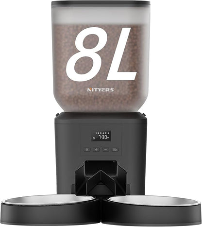 Automatic Cat Feeder for 2 Cats - 8L/34 Cups Large Capacity Auto Cat Food Dispenser with LCD Screen, 2 Food Trays, Timed Feeder, Up to 50 Portions 6 Meals Per Day, Keep Fresh