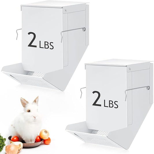 Maxcheck 2 Pcs Rabbit Feeder for Cages Small Animal Food Dispenser with Lid Metal Chicken Grit Oyster Shell Feeders Outside(4.7 Inches,Mesh Bottom,White)