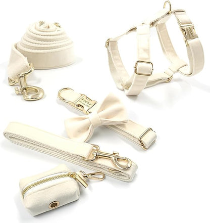 Personalized Velvet Dog Collars with Pet Name Phone Number Engraved, Custom Adjustable Soft Collar with Metal Buckle for Small Medium Large Dogs, Dog Leash and Bow Tie Available -Cream