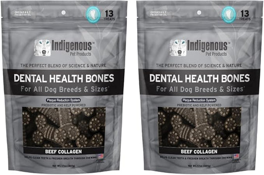Indigenous Pet Dental Health Bones Regular 2 Pack – Beef Collagen (17 Ounce x 2) | Grain-Free Dog Chews with Prebiotics & Omegas | Freshens Breath, Supports Digestive, Skin & Coat Health |