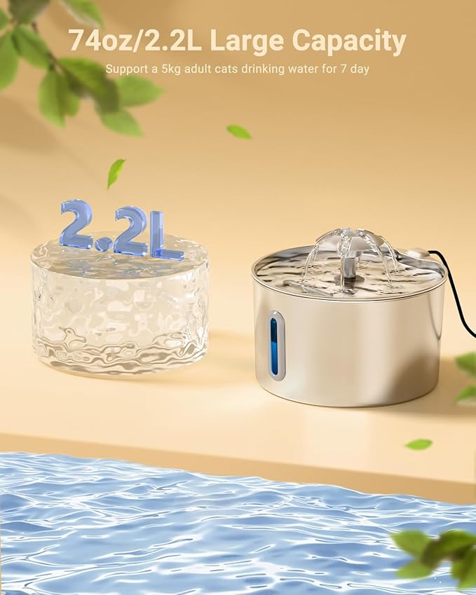 Cat Water Fountain Stainless Steel - 74oz/2.2L Corded Pet Water Dispenser Automatic Silent Cats Dispenser for Drinking Inside Indoor Metal Kitty Spout Fountain with 6 Filters & 6 Sponges