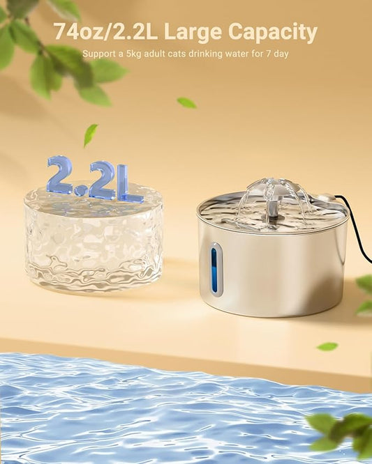 Cat Water Fountain Stainless Steel - 74oz/2.2L Corded Pet Water Dispenser Automatic Silent Cats Dispenser for Drinking Inside Indoor Metal Kitty Spout Fountain with 6 Filters & 6 Sponges