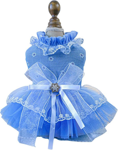 Fashion Sweet Puppy Dog Blingbling Princess Skirt Pet Dog Lace Cake Camisole Tutu Dress F-Blue S