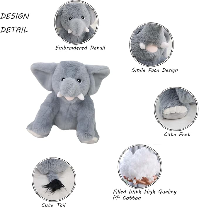 GOOC Kawaii Stuffed Smile Elephant Animal Cute Sitting Fuzzy Baby Elephant Plush Toy Gray Fluffy Doll Gift for Kids or Lover 10 Inch