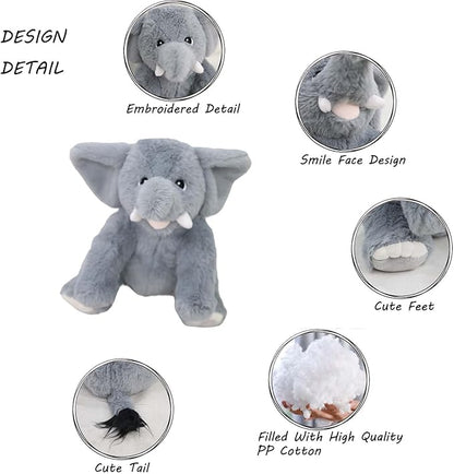 GOOC Kawaii Stuffed Smile Elephant Animal Cute Sitting Fuzzy Baby Elephant Plush Toy Gray Fluffy Doll Gift for Kids or Lover 10 Inch