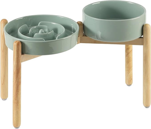 3.2 Cup Ceramic Raised Slow Feeder Dog Bowl Set, Elevated 8.2inch Bowl and 9.5inch Puzzle Slow Food Dish with Wooden Stand for Large Dog, Anti-Gulping (2 x Light Green+ Stand)