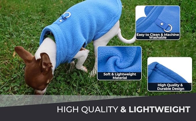 JACKO & CO - Fleece Vest Dog Sweater with Leash Ring - Soft, Warm & Lightweight Pullover Coat for Small & Medium Dogs, Puppies & Cats - Cozy Fall/Winter/Spring Pet Jacket (Blue, Small 4-6lbs)
