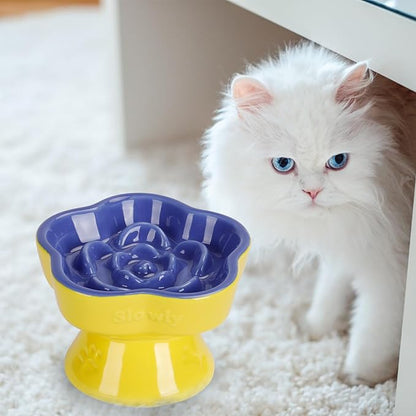S&Q's CERAMICS Raised Slow Feeder Cat Bowl, Ceramic Elevated and Titled Pet Food Bowl, Small Dogs Slow Feeder, Flower Shaped Dish for Dry and Wet Food (Blue, 5.8")