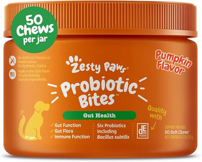 Zesty Paws Probiotics for Dogs, Digestive Enzymes Gut Flora, Digestive Health, Diarrhea & Bowel Support, DE111, Dog Probiotics Soft Chew for Pet Immune System, Chicken, 50 Ct
