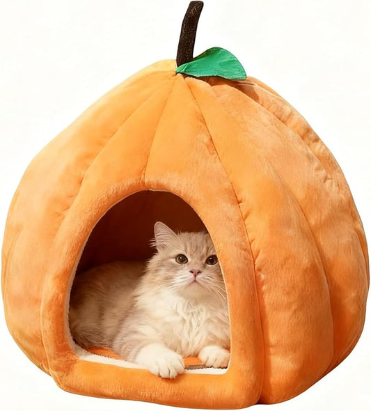 Cat Bed for Indoor Cats - Adorable Cozy Pumpkin Cat Cave with Removable Cushion, Super Soft Pet House Tent for Kittens & Small Pets, Warm & Washable Non-Slip Design(M 17.7 inch Orange)