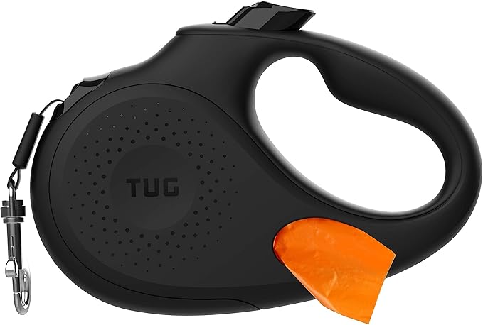 TUG Oval 360° Tangle-Free Retractable Dog Leash with Integrated Waste Bag Dispenser (Large, Black)
