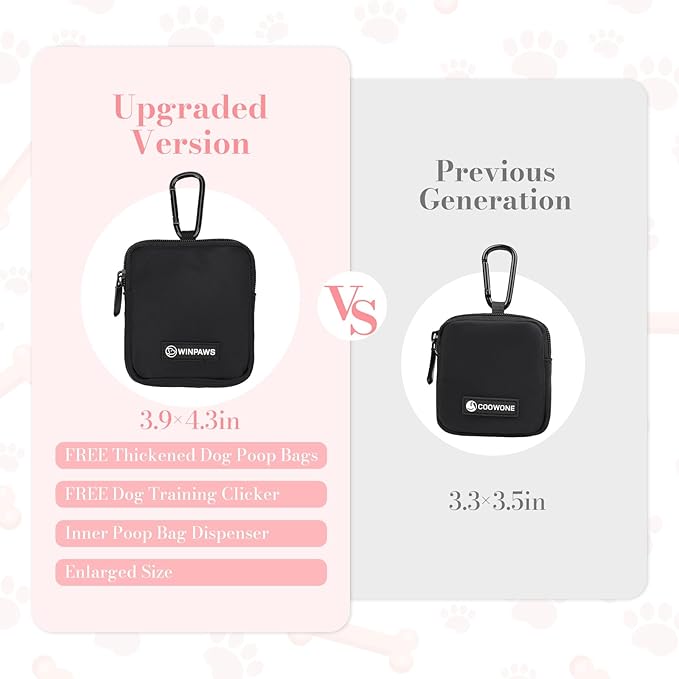 Dog Treat Pouch with Training Clicker,Waterproof Nylon Fabric Poop Bag Holders for Leashes,Hands Free Small Dog Walking Bag with Carabiner, Pet Puppy Training Walking Essentials (Black)