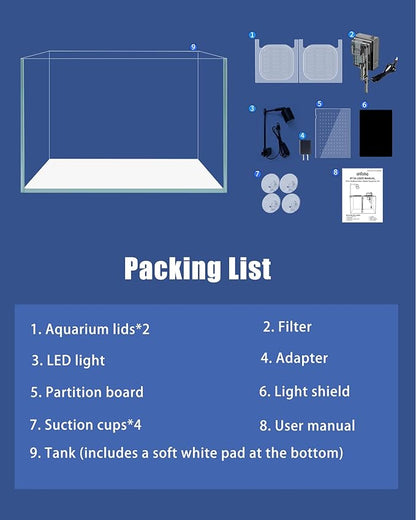 iPriro Fish Tank, 3 Gallon Ultra-Clear Glass Fish Aquarium, with Separator Plate for Betta, Fish Tank Starter kit with Filter and Adjustable Led Light, White