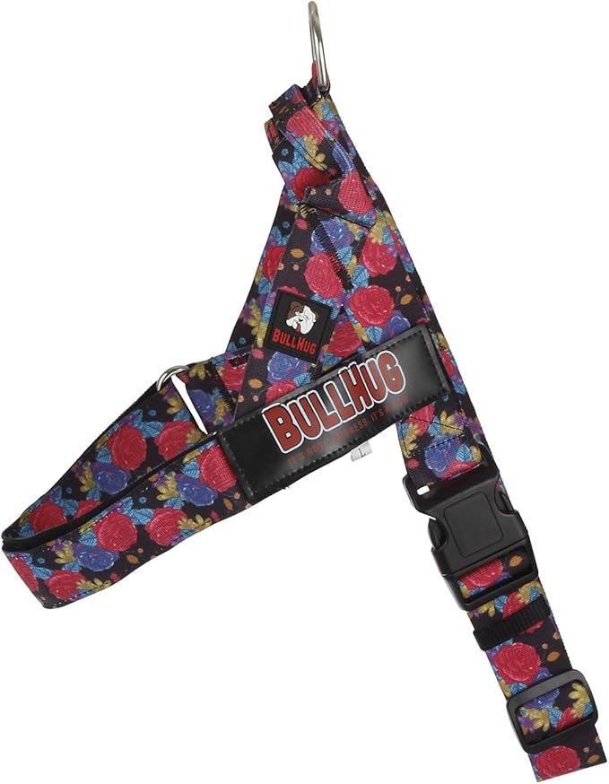 BULLHUG Adjustable Dog Harness– No Pull, No Choke – for English Bulldogs, French Bulldogs, Pugs & Broad-Chested Breeds – Easy, Safe Walks (Black Floral, XL)