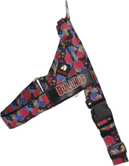 BULLHUG Adjustable Dog Harness– No Pull, No Choke – for English Bulldogs, French Bulldogs, Pugs & Broad-Chested Breeds – Easy, Safe Walks (Black Floral, XL)