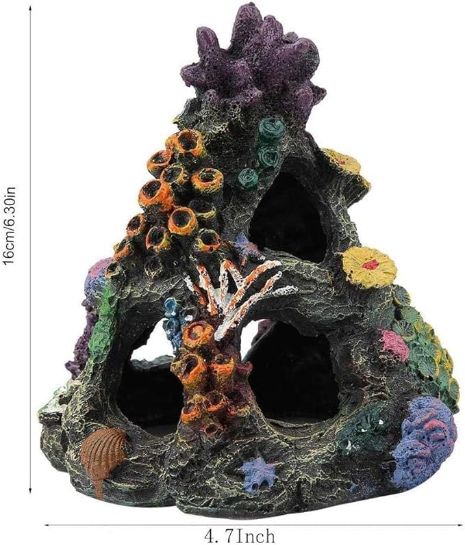 PINVNBY Coral Aquarium Decoration (Size: 6.3 x 4.7 x 4.7 inches) Small Fish Tank Decorations Resin Rock Mountain Cave Ornaments Betta Fish Hideout House for Beta Sleep Rest Hide Play Breed