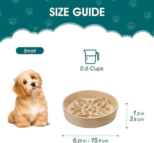 vancasso Ceramic Slow Feeder Dog Bowls, Puzzle Dog Food Bowls with Floral Maze, Anti -Slip Pet Food Dish for Small Breed, 0.6 Cups, Brown