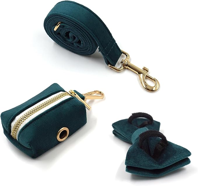Personalized Velvet Dog Collars with Pet Name Phone Number Engraved, Custom Adjustable Soft Collar with Metal Buckle for Small Medium Large Dogs, Dog Leash and Bow Tie Available -Gem Green