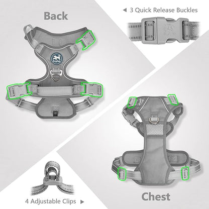 PoyPet No Pull Dog Harness, No Choke Reflective Dog Vest, Adjustable Pet Harnesses with 2 Leash Attachments with Easy Control Padded Handle for Small Medium Large Dogs(Gray,S)