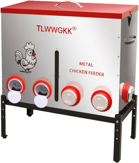 85 lbs Large Automatic Chicken Feeder - 10-Port No-Waste Dispenser with Visual Window & Height-Adjustable Legs - Rodent/Goat Proof, All-Weather Heavy-Duty Galvanized Metal Design for Outdoor Poultry