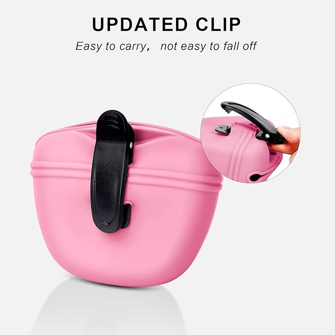Left&Right Dog Clicker Training Kit,Silicone Dog Training Treat Pouch and Dog Clickers,Dog Treat Bag with Clicker Training for Dogs,Pet Treat Bag with Magnetic Buckle Closing and Waist Clip,Pink