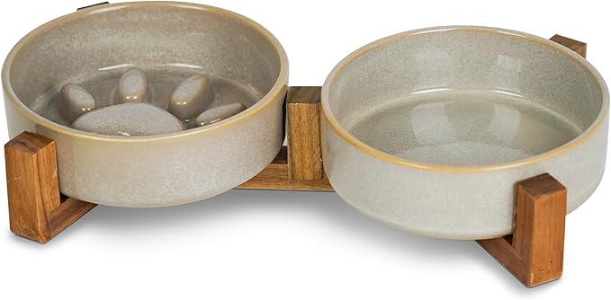 Ceramic Slow Feeder Dog Bowl Set with Stand, Cute Paw Slow Feeding Food Bowl and Water Bowl for Medium Breed, 6.3" Ceramic Non Slip Dog Dishes, Grey